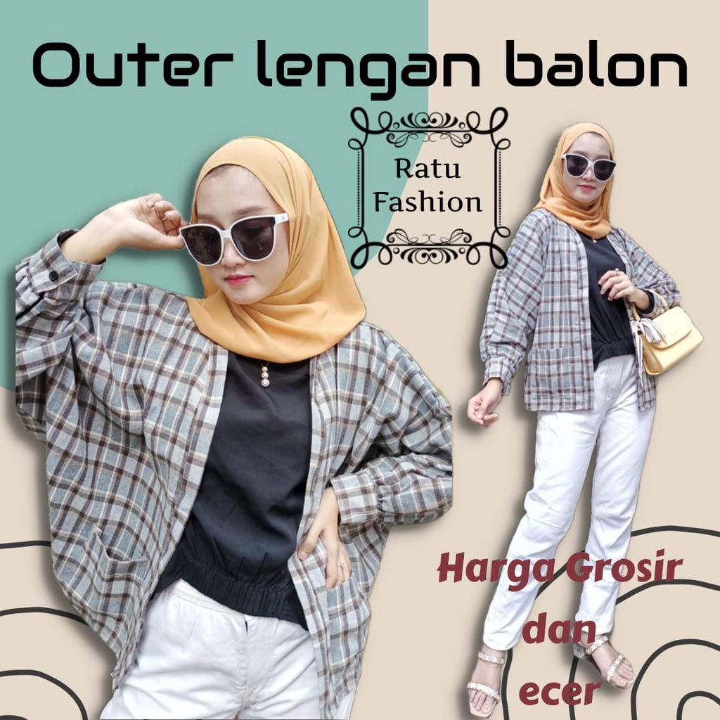 Grosir Outer Flanel Wanita Lengan Balon Grid Oversize motif kotak kotak