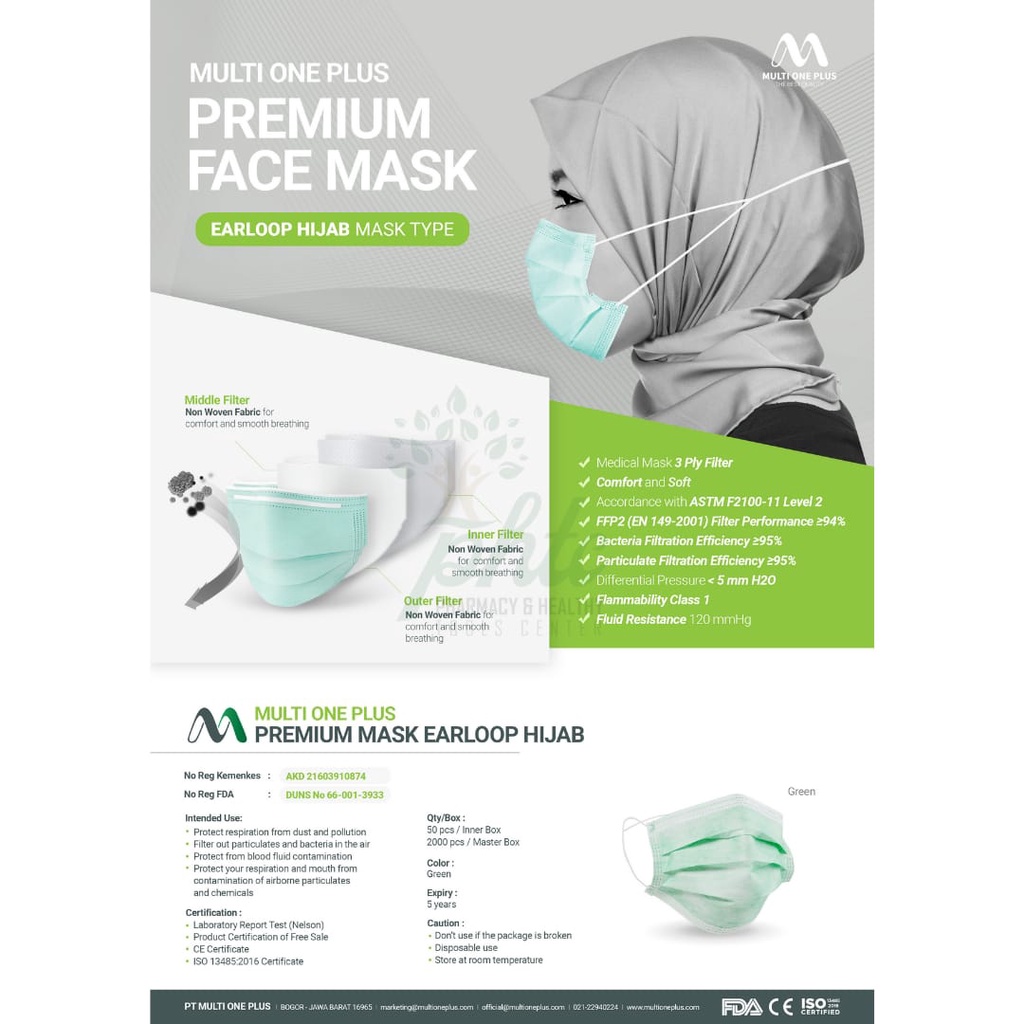 MULTI ONE PLUS Premium Face Mask l Masker 3 Ply Berizin KEMENKES l Masker Medis Multioneplus 3Ply Warna Hijau