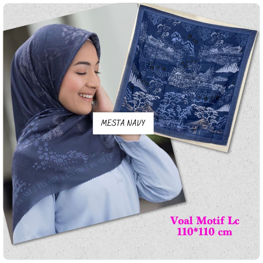 Jilbab Segiempat Denay KW / Deenay KW Motif Mesta Navy Laser Cut Voal Premium Terlaris