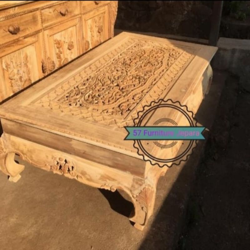Meja ruang tamu jati - Meja kopi panjang lesehan mentahan ukir jepara