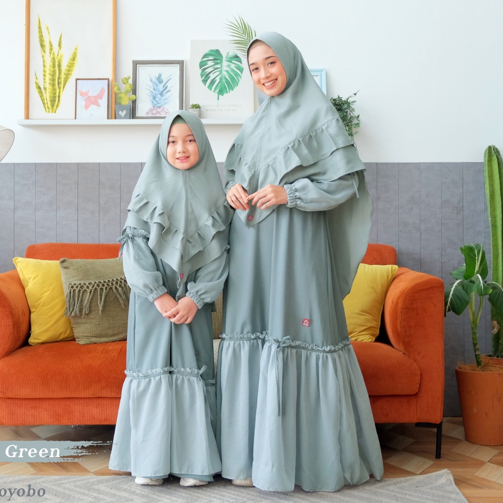 Baju Gamis Syari Lebaran Couple Ibu dan Anak Perempuan Muslim Bahan Toyobo Jumbo Ld 130 Sage Green