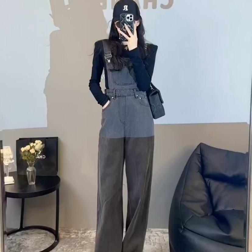 Overall denim retro abu-abu untuk wanita 2022 musim semi dan musim panas celana pel lurus ramping pi