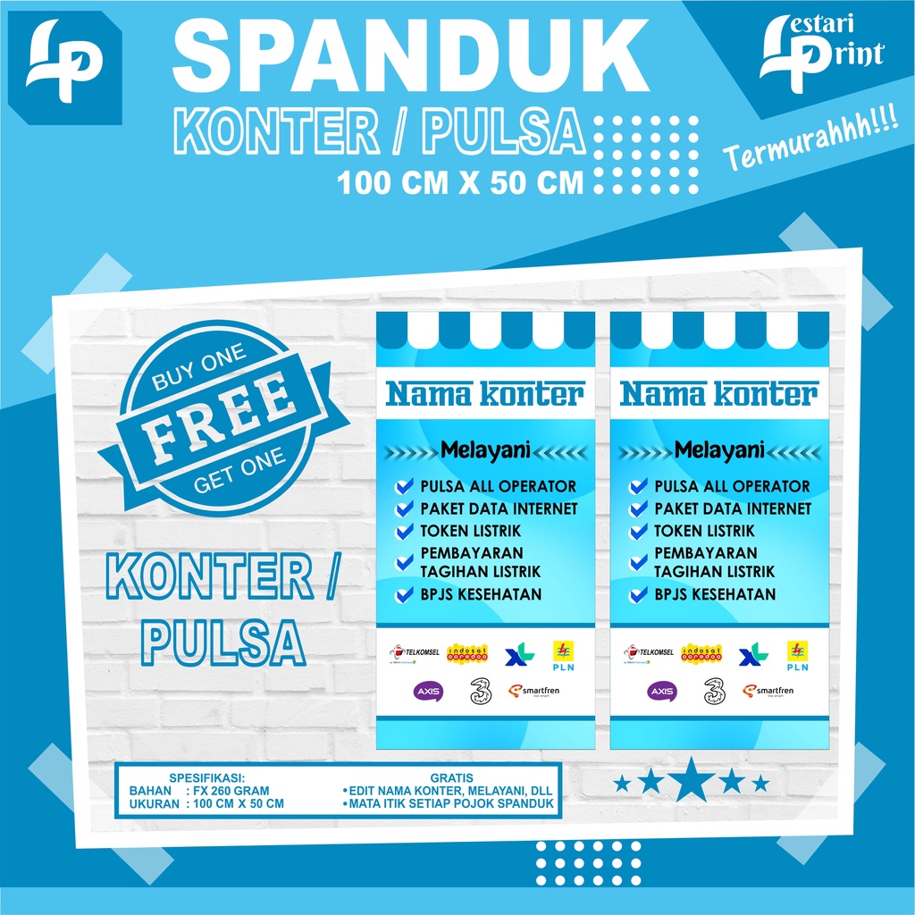 SPANDUK BANNER KONTER PULSA / BELI 1 GRATIS 1 / BANNER JUALAN PULSA / SPANDUK JUALAN PULSA / LESTARI