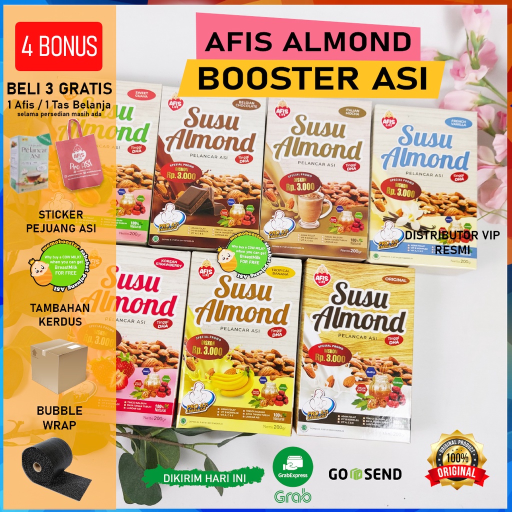 Beli 3 GRATIS 1 Afis life 60gram / 1 Tas Belanja Susu Almond Pelancar Asi Booster Ibu menyusui 200 gr untuk perkembangan bayi optimal