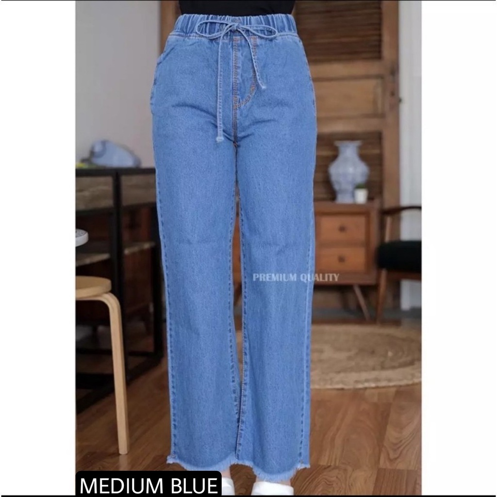 CELANA PANJANG JEANS HIGH WAIST KULOT JEANS PINGGANG KARET RAWIS