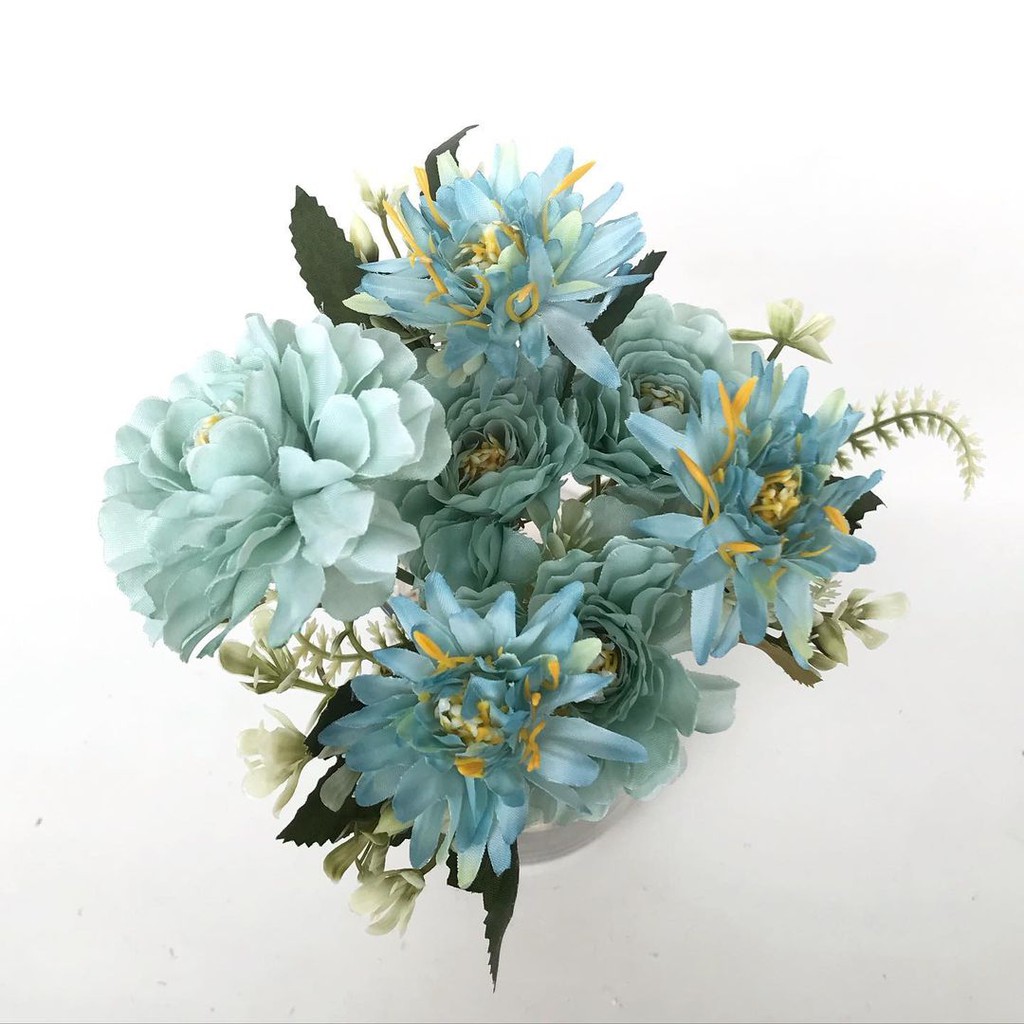 BUNGA TANGKAI DAHLIA - salem biru putih pink ungu bunga artificial palsu-Biru tosca