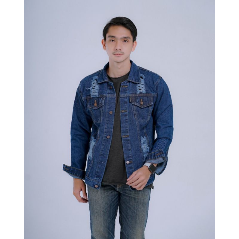 Jaket jeans sobek ripped pria biru tua murah terbaru terlaris