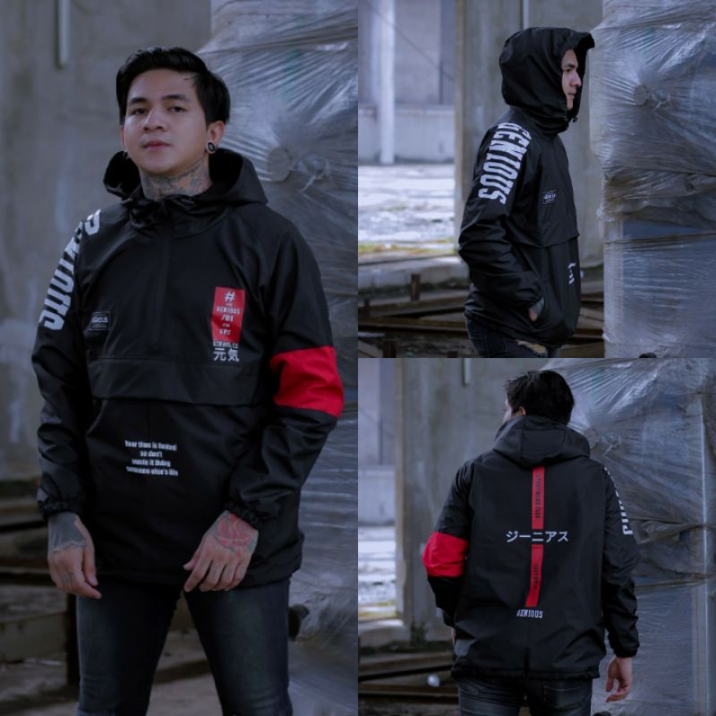 Jaket pria IKC 002 distro cbr Bandung hoodie dua sisi bolak balik keren grosir jaket cagoule erigo Jaket Pria Parasut Anti Air-CG Hitam Lis Merah
