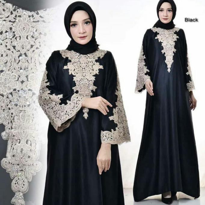 Gamis Pesta Kaftan Bordir Satin Dress Gamis Kaftan Modern Warna Hitam - Hitam