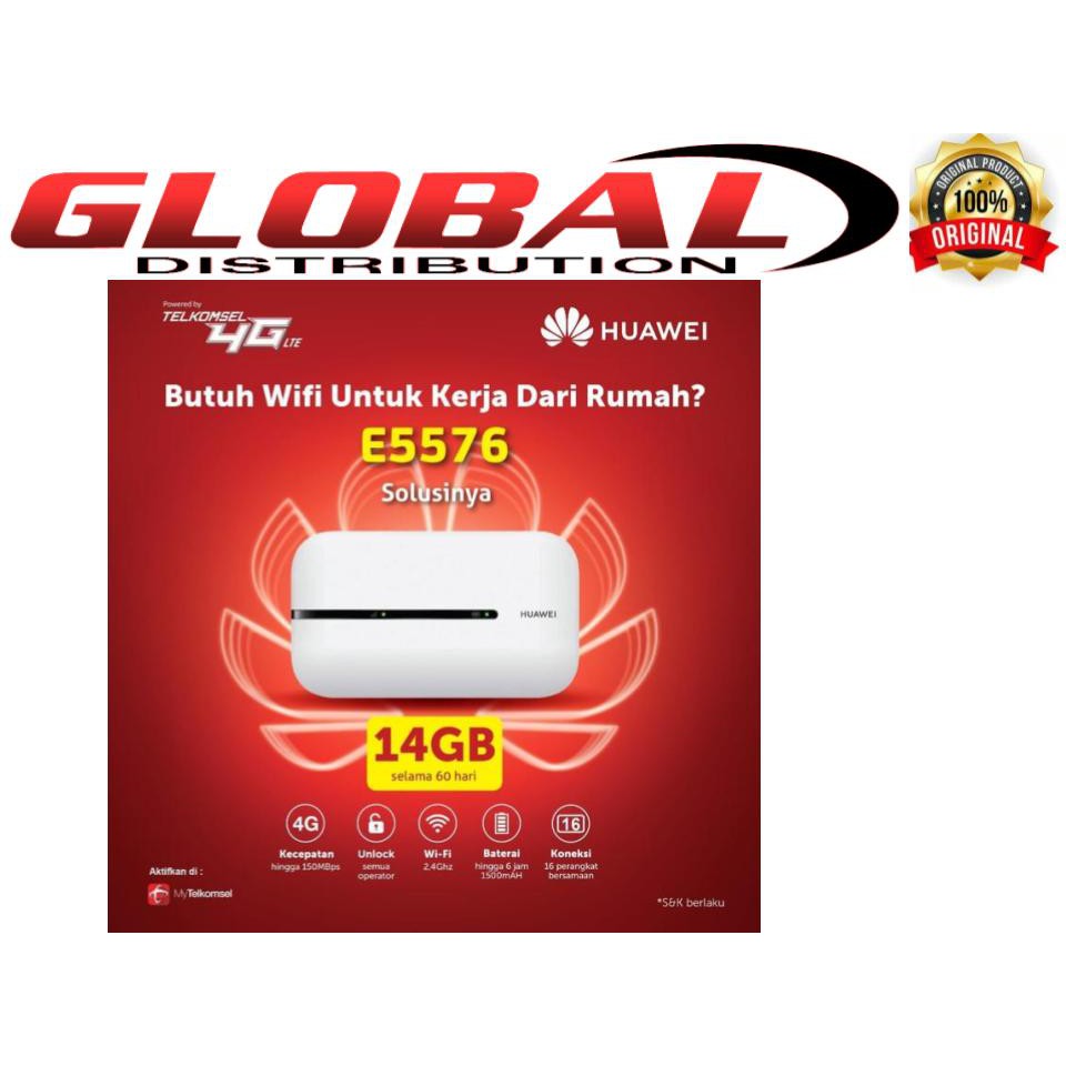 Huawei E5576 Modem Mifi 4G LTE Unlock Gratis Telkomsel 14Gb 2Bulan - Resmi