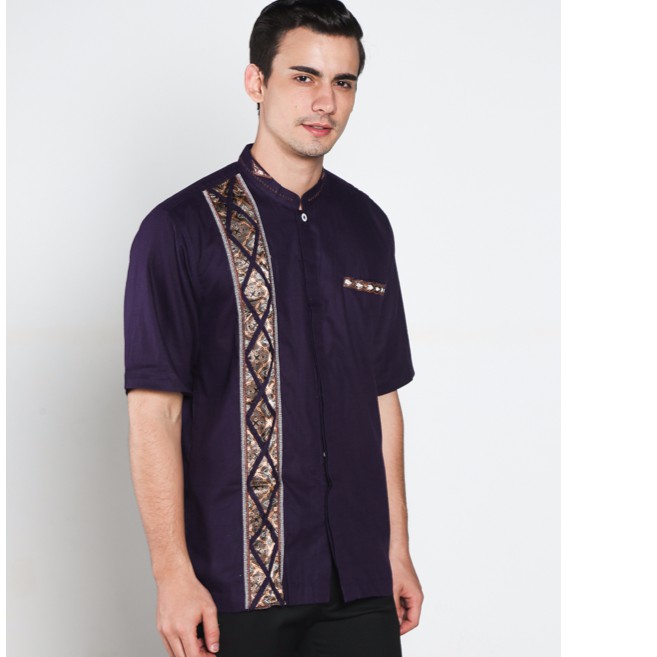 EXCLUSIF Baju Koko Batik Lengan Pendek Ungu Tua Busana Muslim Pria Premium Kemeja Koko