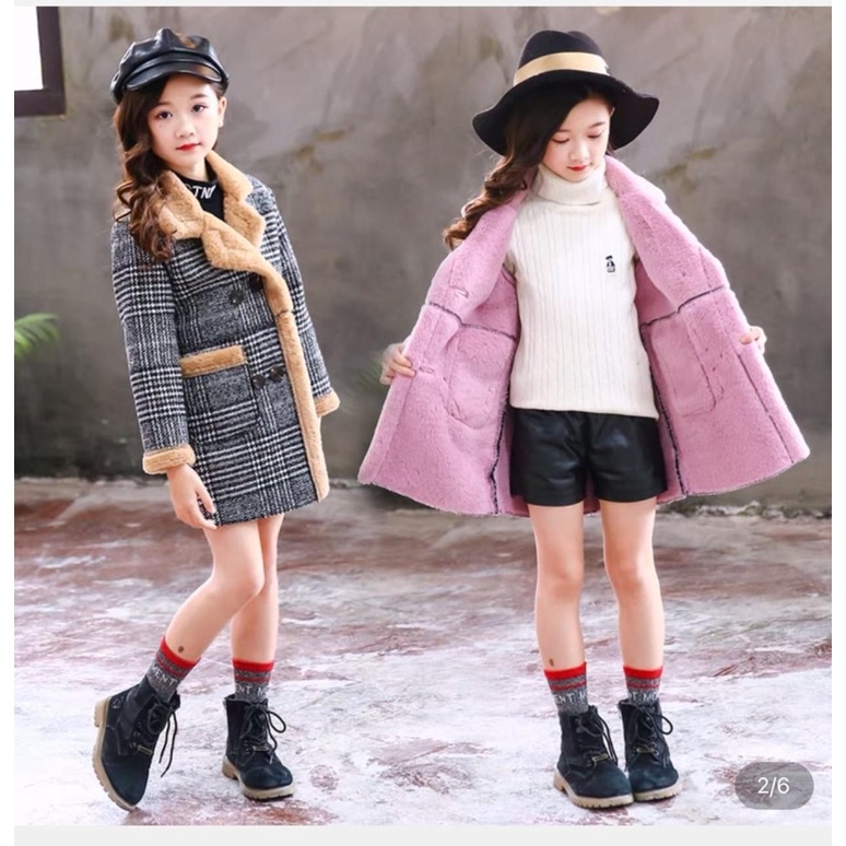 Winter Wool Plaid Coat Korea Kids Jaket Wol Anak