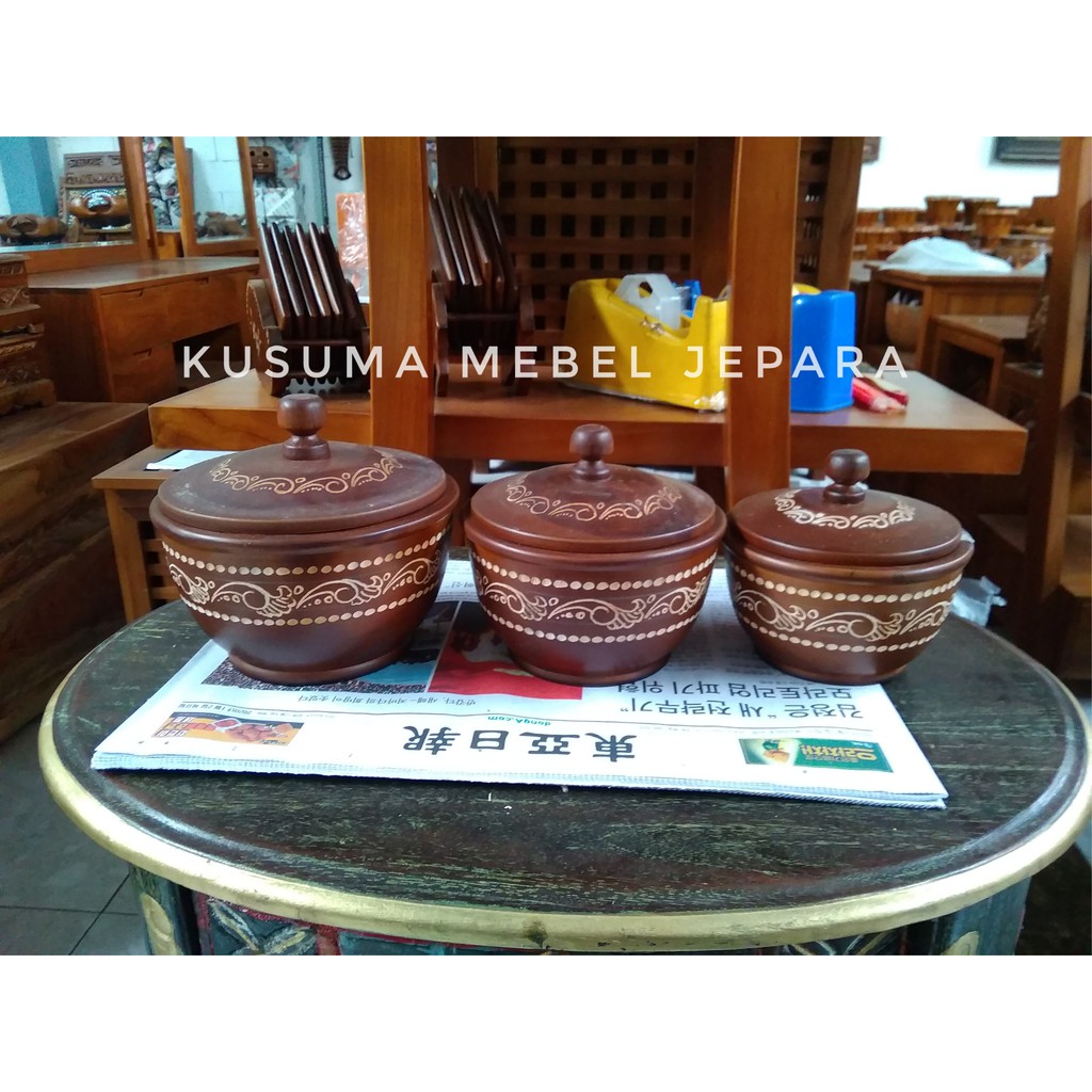 Set 3 Buah Toples Tempat Permen Ukir Geometri Kayu Jati