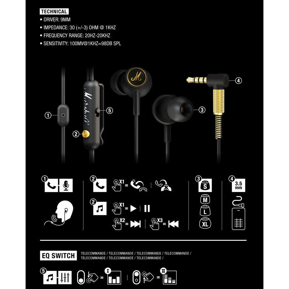 Marshall EQ Mode In Ear Headphone Noise Isolation Headset