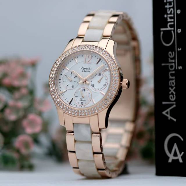 JAM TANGAN WANITA ALEXANDER CRISTIE AC 2463 CEWEK ROSEGOLD WHITE ORIGINAL