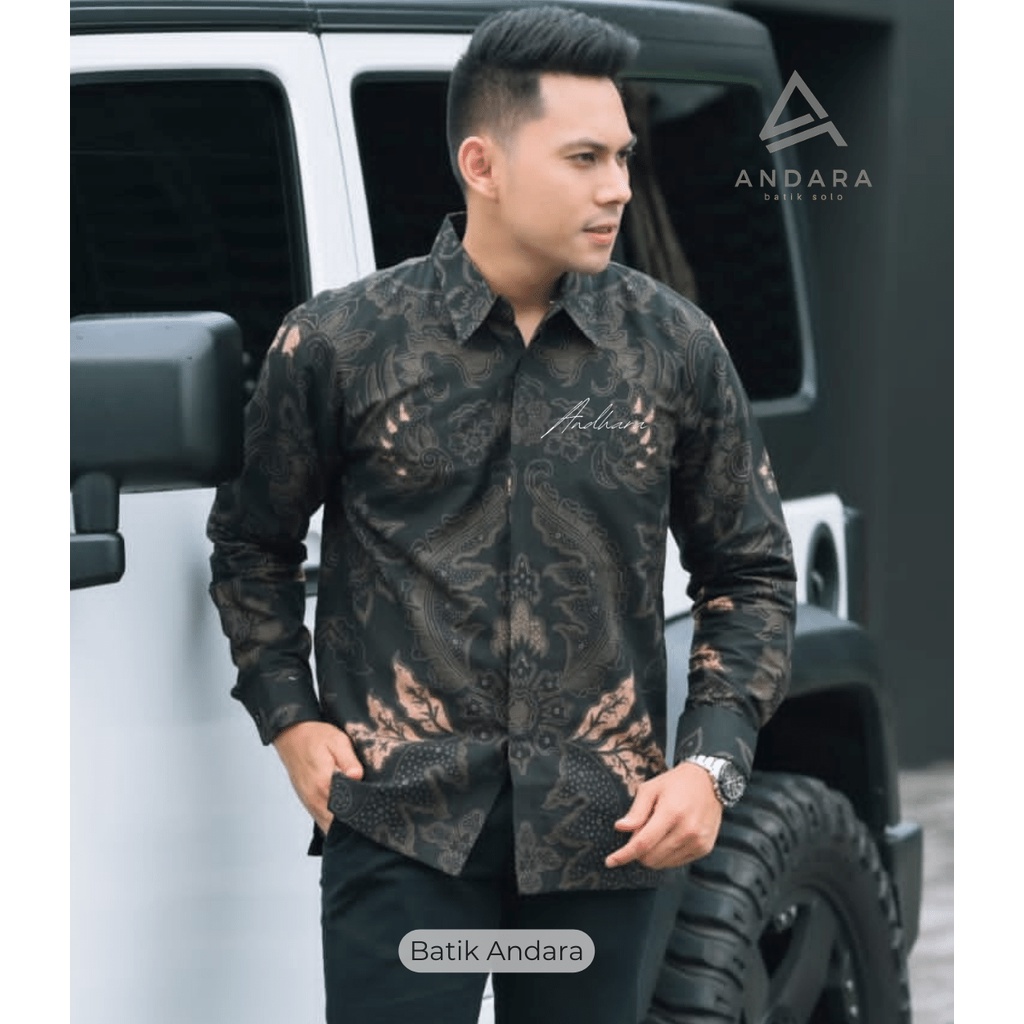 Mahkota Hitam Kemeja Batik Solo Pria Lengan Panjang Modern Premium Full Furing Terlaris Katun Solo sragenan