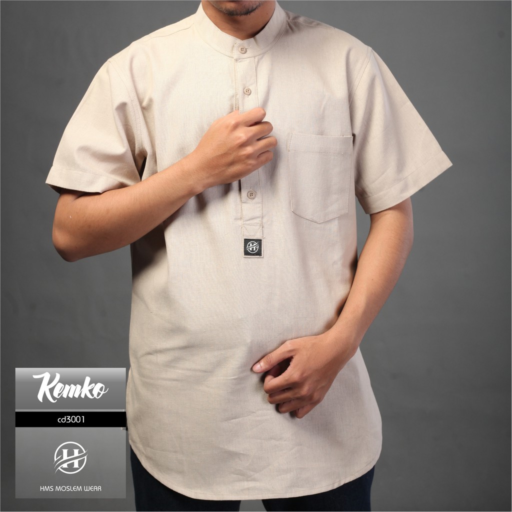 HMS kemeja lengan pendek linen kemeja katun pria warna creem asrt seri CD3001