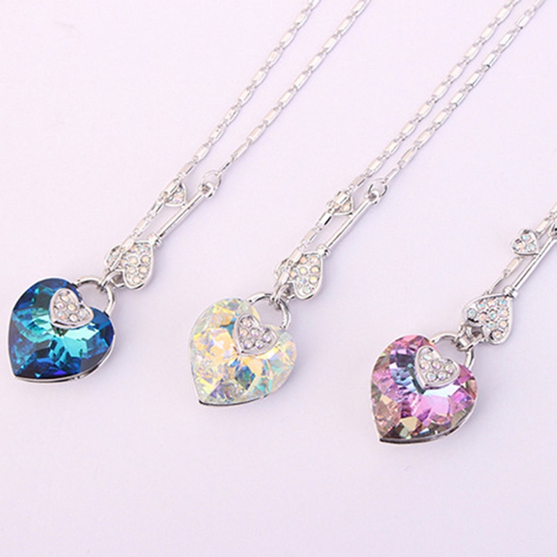 Kalung Liontin Kunci Hati Aksen Kristal Berlian Untuk Wanita