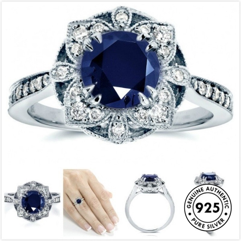 Cincin Sterling Silver 925 Model Bunga Dengan Sapphire Untuk Wanita