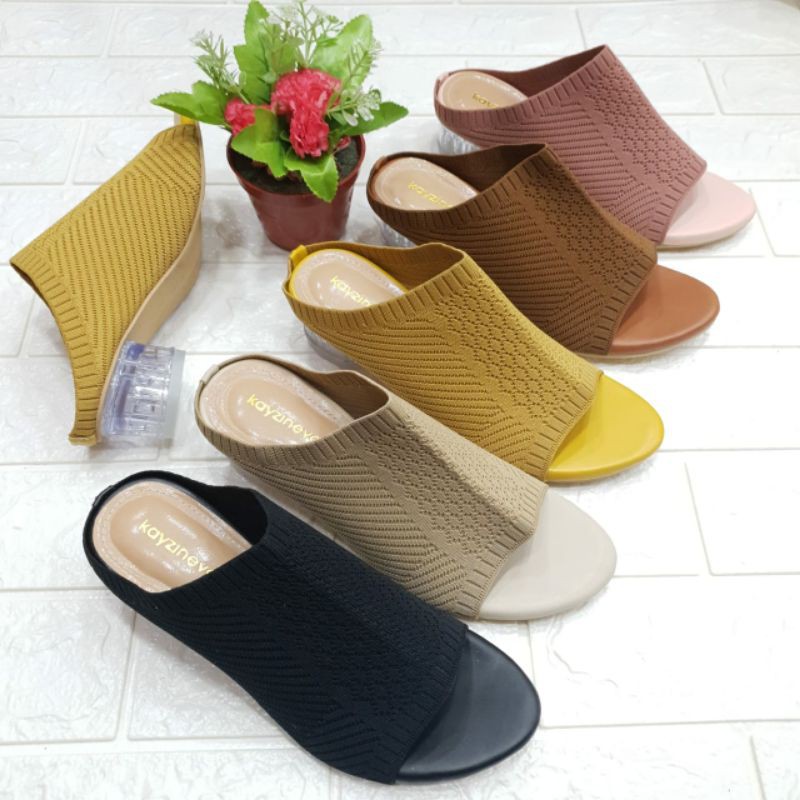 Sepatu Selop Wanita Hak Kaca 3Cm Bahan Rajut