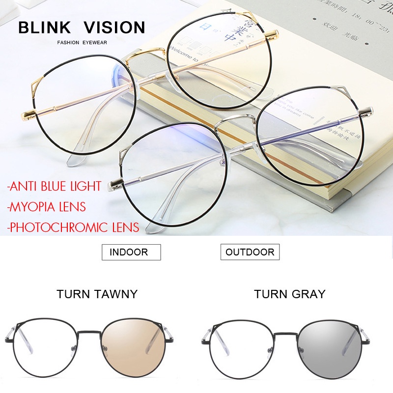 0~-6.00 Minus Wanita Kacamata Fashion Anti Radiasi Bulat Kaca Mata Aksesoris Lensa Warna Fotokromik