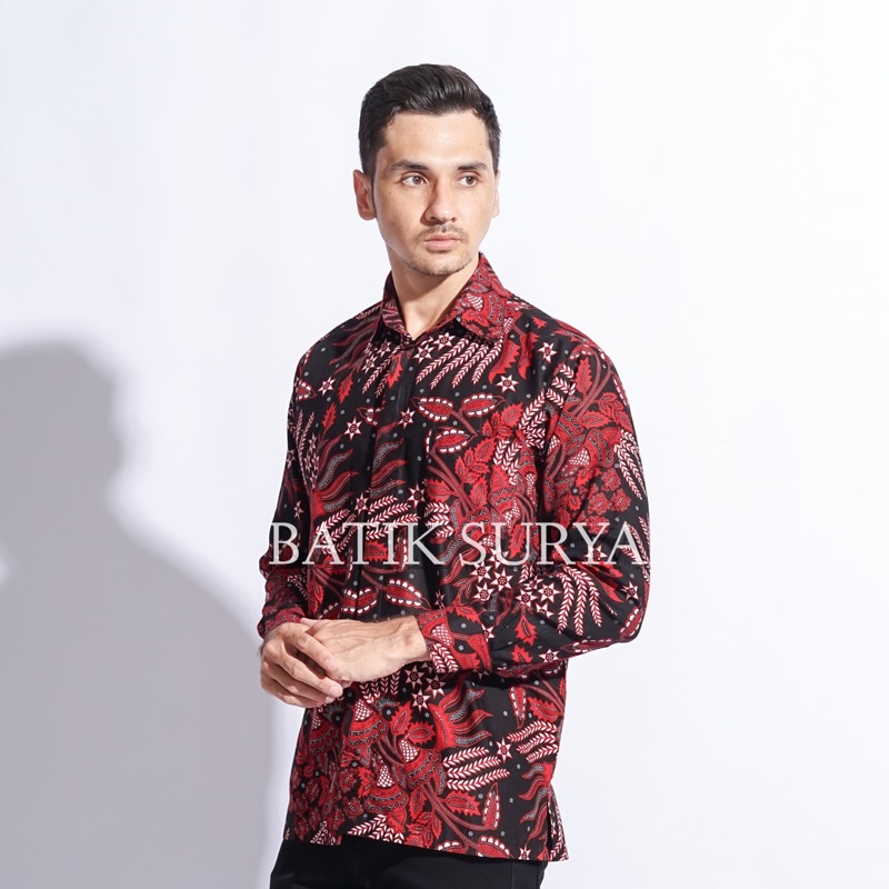 Hem kemeja batik pria Lengan Panjang Motif Manggar Merah Batik surya