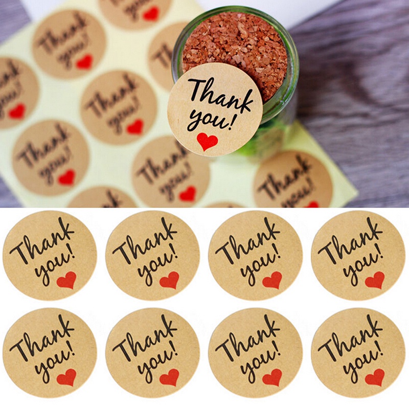 【Theredsunrisesiwy.id】60Pcs Kraft Paper Love Heart &quot;Thank You&quot; Sticker Decorative Baking Sealing Paste