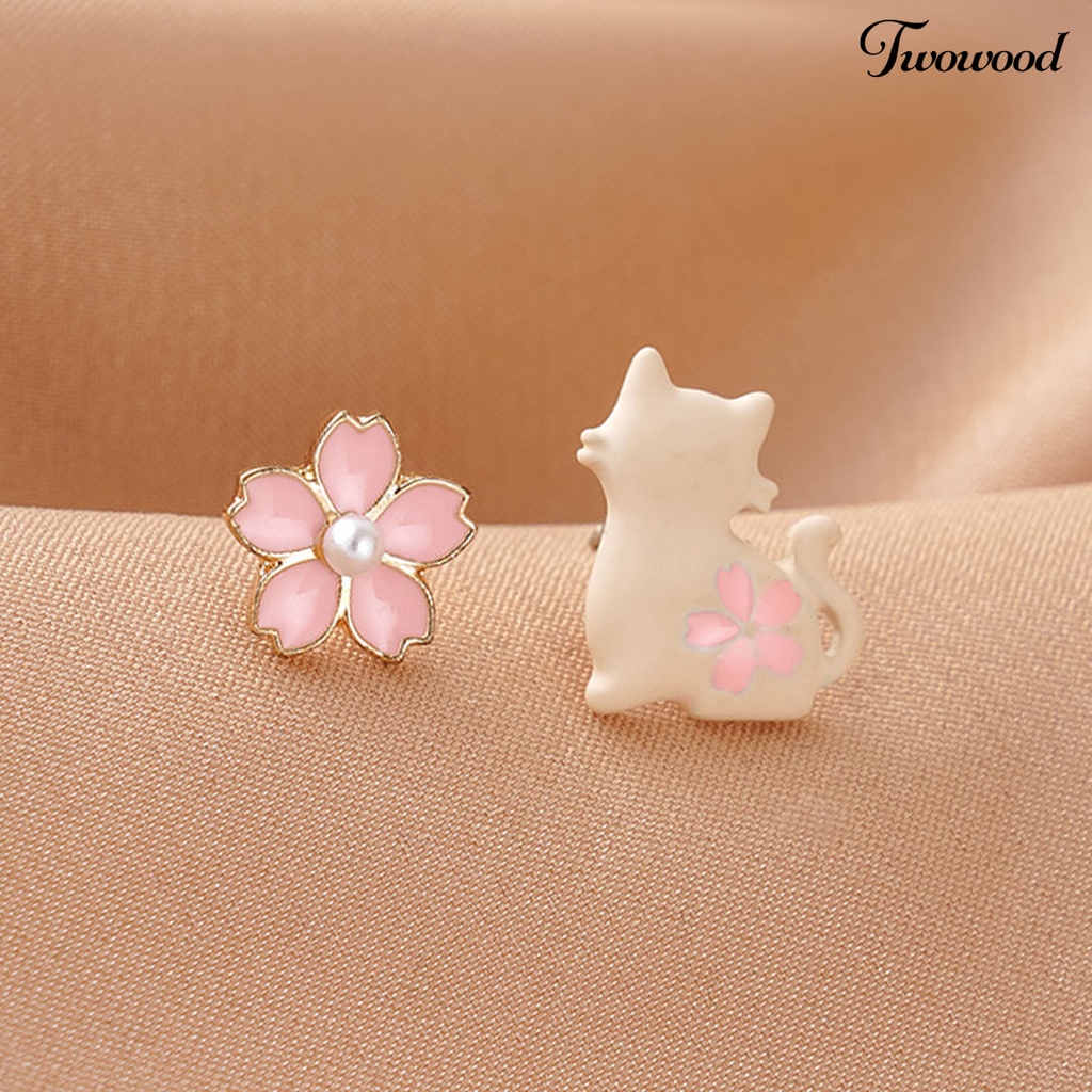 Twowood 1 Pair White Cat Pink Flower Women Earrings Alloy Faux Pearl Asymmetric Stud Earrings Jewelry Accessory