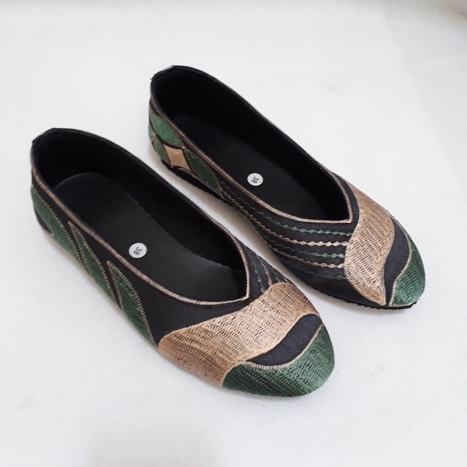 etnik fashion sepatu bordir flat slip on ombak hijau