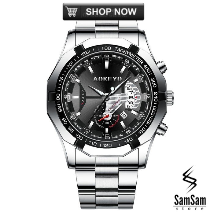 Aokeyo S001 Jam Tangan Pria Anti Air Original Luxury Stainless Steel - Silver Black