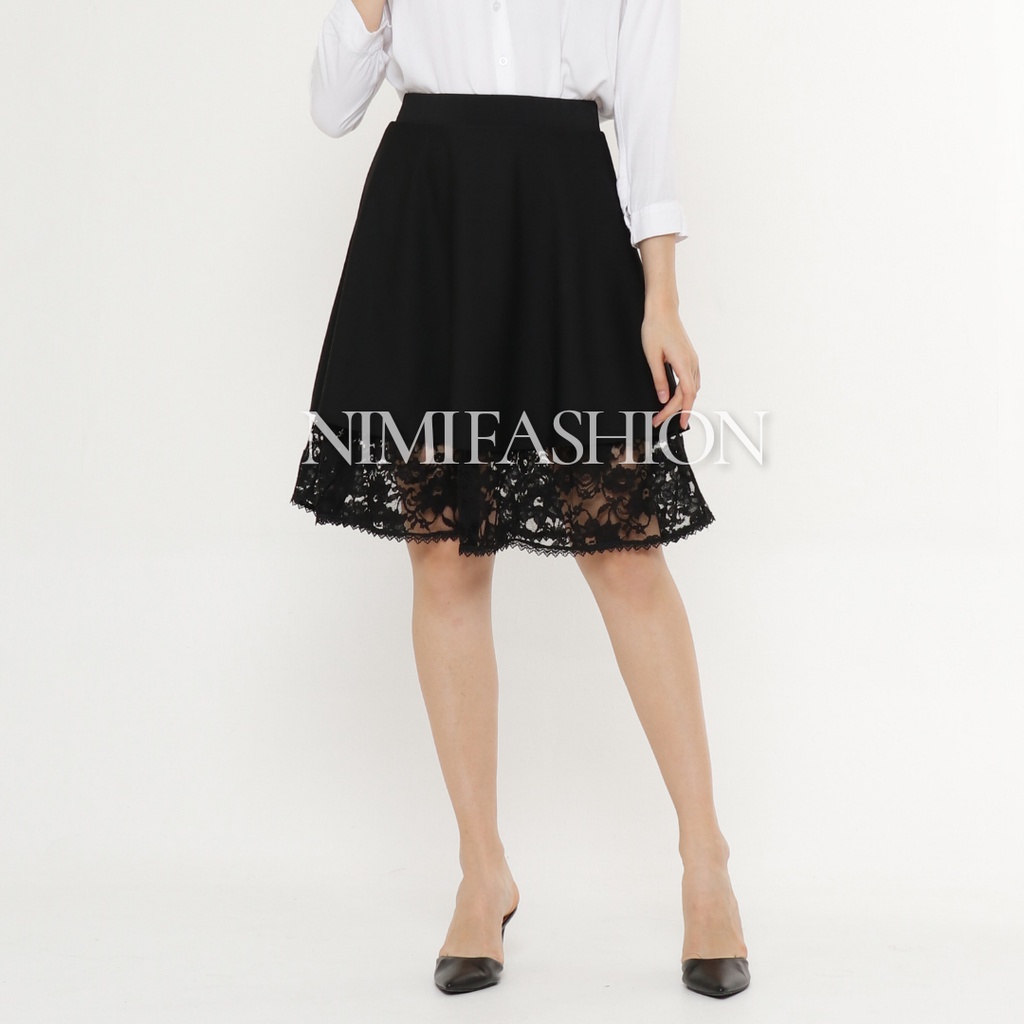 Nimi Midi Skirt Premium / Korea Midi Skirt / Rok Pendek Scuba Kombinasi Brukat Import