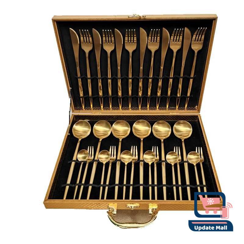 Cutlery Set Alat Makan Sendok Garpu Pisau Gold Mewah 30Pcs with Wooden