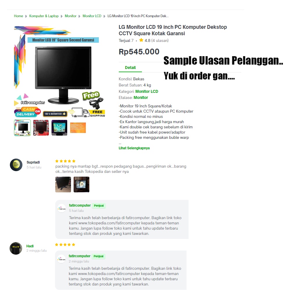 LED LCD Monitor PC Komputer Dekstop CCTV 19 Inch Kotak Square Merek Campur Normal no minus Garansi Free Kabel Power