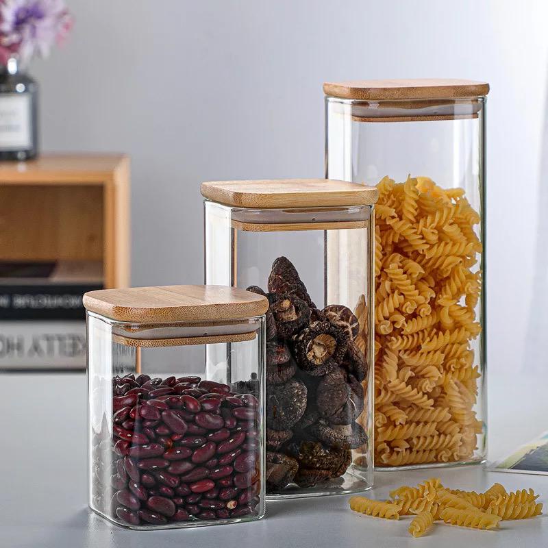 toples kotak makanan dapur / square food storage jar bamboo lid kitchen seasoning spaghetti / tempat penyimpan makanan / toples bambu cemilan spageti pasta