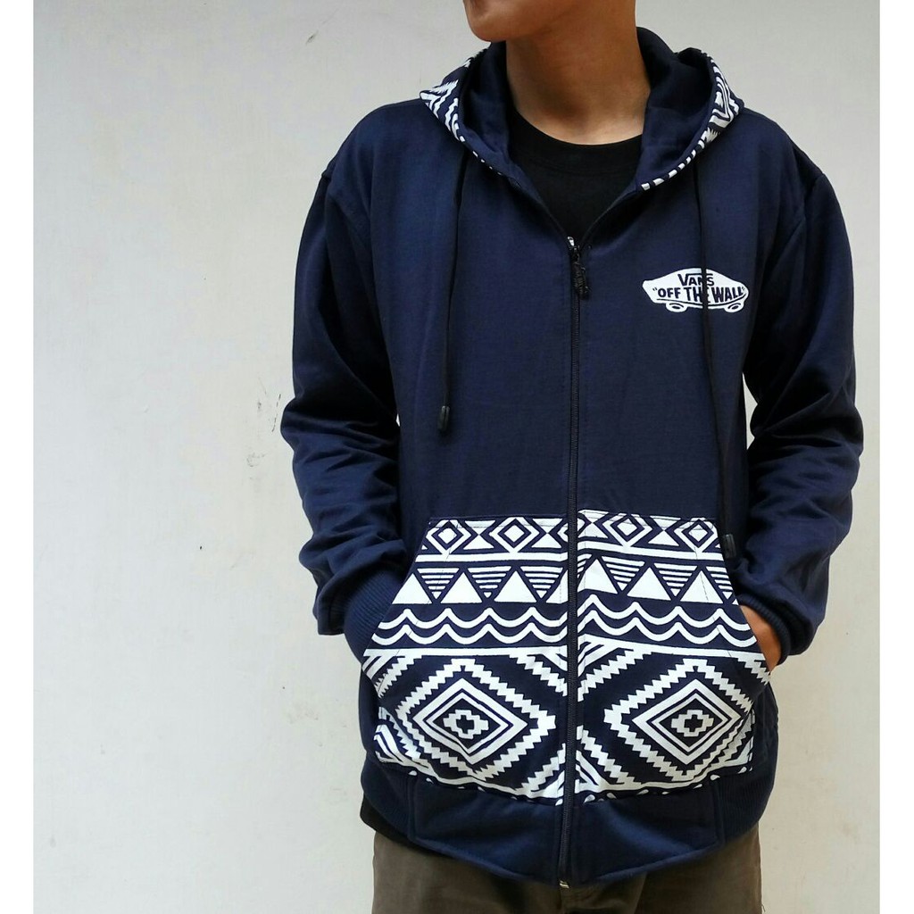 JAKET / Hoodie vans motif BATIK Nusantara Resleting Size L Hitam Navy