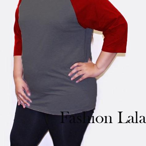 KAOS WANITA RAGLAN JUMBO LENGAN 3/4 XXL - ABU TUA (81) & ABU MUDA (71) | BAJU WANITA