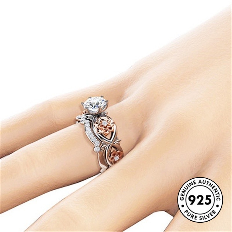 Cincin Sterling Silver 925 Desain Bunga Mawar Hias Berlian Imitasi Elegan Untuk Wanita