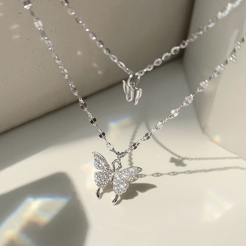 Charm Butterflies Silver Chain Necklace Kalung Pendant Elegant Crystal Clavicle Necklaces for Women Lady Jewelry