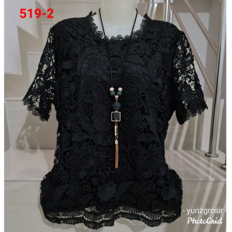Blouse Brukat Tangan Pendek Putih dan Warna Jumbo XL, 2XL, 3XL-519-2 Hitam