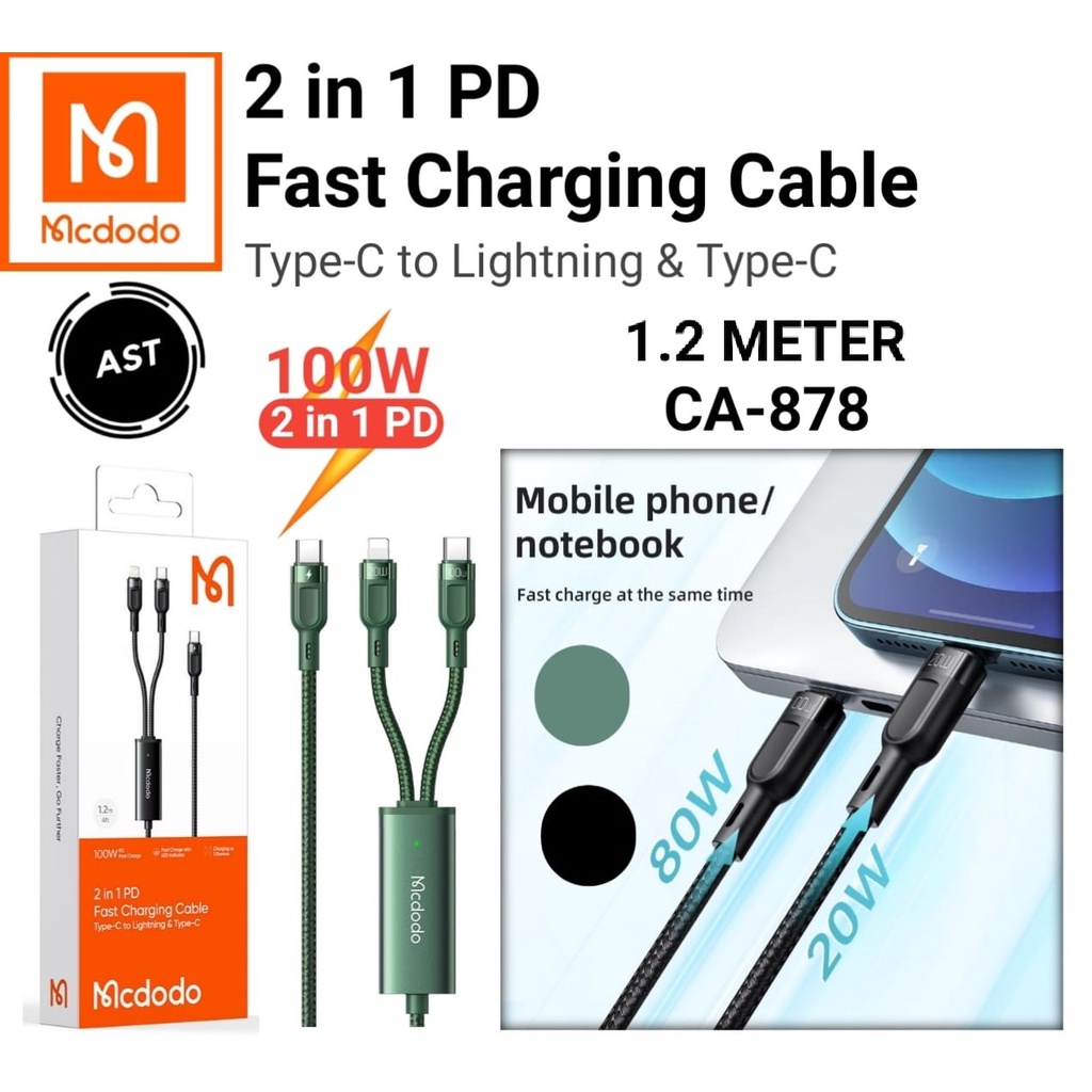 MCDODO CA-878 Kabel Charger USB Type C to Type C + Lightning FAST 100W PD 2 in 1 Cable Type C to Lightning + Type C 1.2M Kabel Type C to Lighting USB C