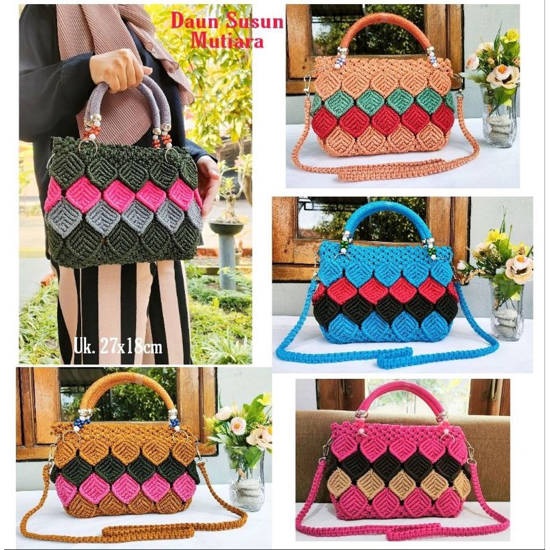 Tas Rajut Motif Daun Susun Mutiara Tas Rajut Macrame Selempang Wanita Tas Pesta Rajut Mewah Tas Hand