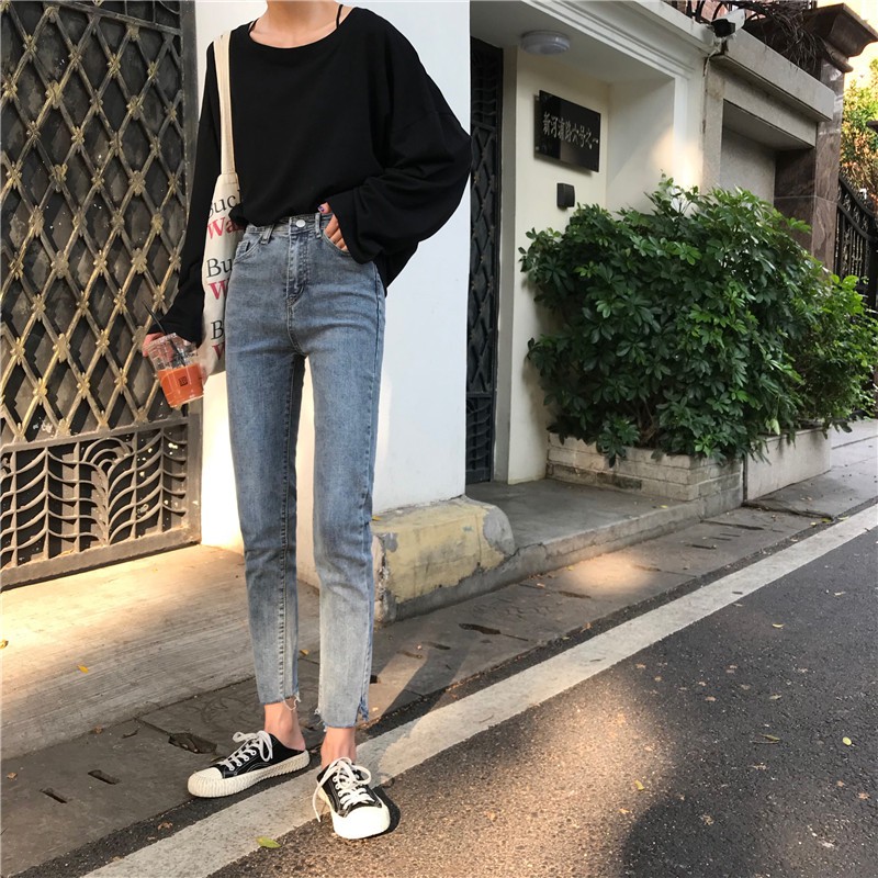 Celana Panjang Model High Waist Bahan Jeans Elastis Gaya Korea Untuk Wanita