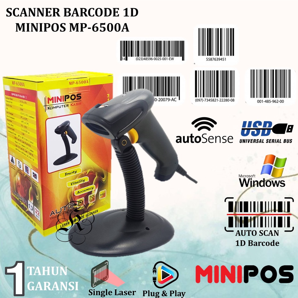 Scanner Barcode 1D Minipos MP-6500A Hand Held Scanner Pengganti MP-6200A 1D Automatic Plus Stand MP6500A