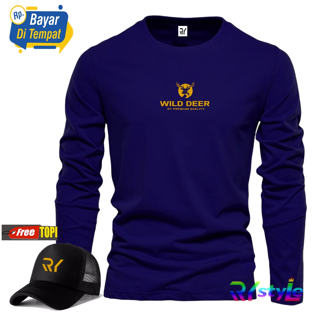 BONUS TOPI.. Kaos Lengan Panjang WILD DEER Gold + Topi Random / Kaos Pria / kaos Polos