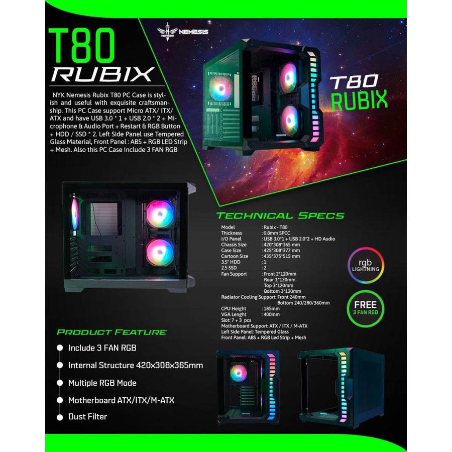 PC Case / Casing Gaming NYK Nemesis RUBIX T80