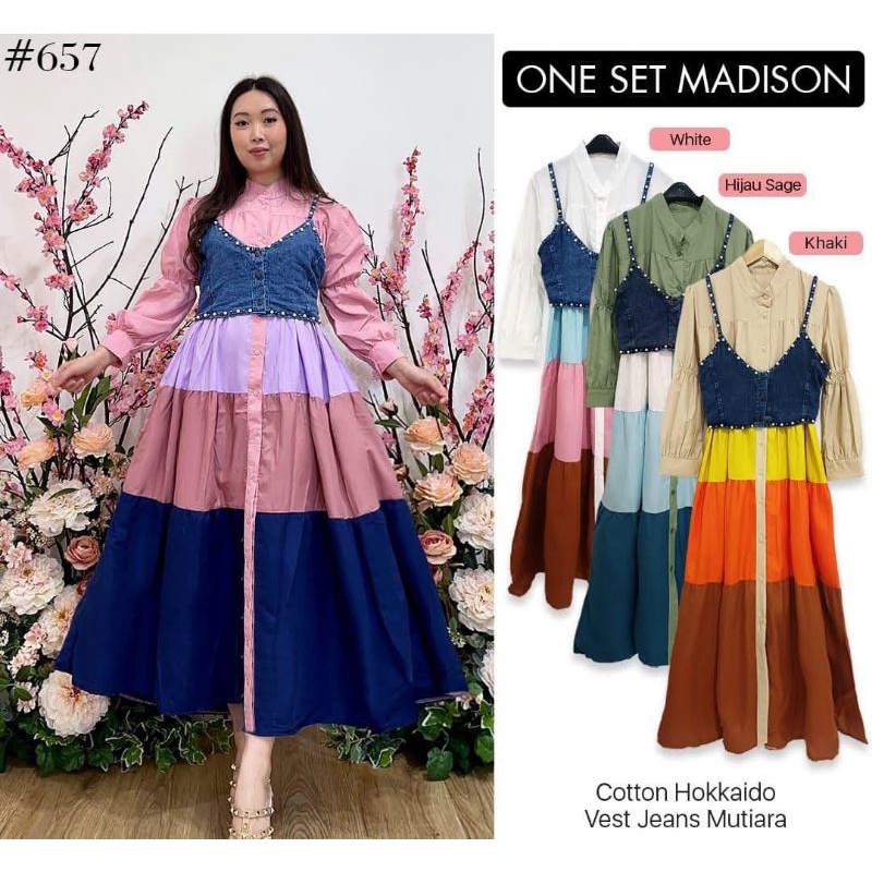 dress midi full kancing aktif rainbow+rompi jeans mutiara terbaru