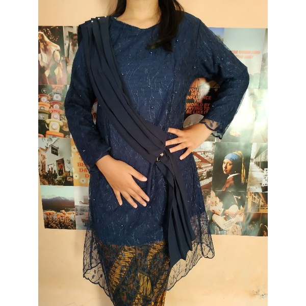 atasan brokat tunik selendang navy