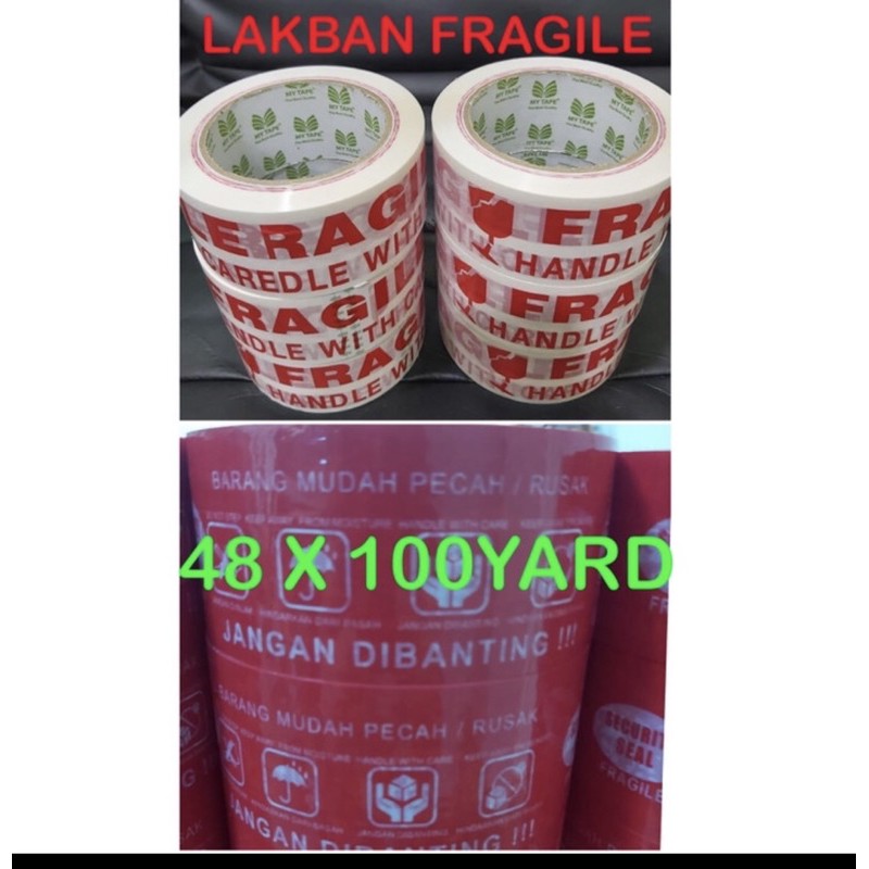 

LAKBAN FRAGILE merah dan putih 1 box ukuran 48mmx100 yard ,