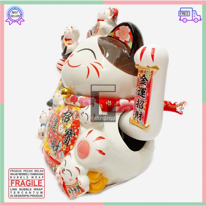 Pajangan Patung Hiasan Boneka Dekorasi Kucing Bawa Panggil Rejeki Rezeki Hoki Maneki Neko Maneko Neki ManekiNeko Lucky Cat Keberuntungan Keramik Baterai Batrai Batre Listrik Tangan Goyang Gerak Meja Etalase Toko Resto Cafe Cina China Jepang Jumbo Besar XL