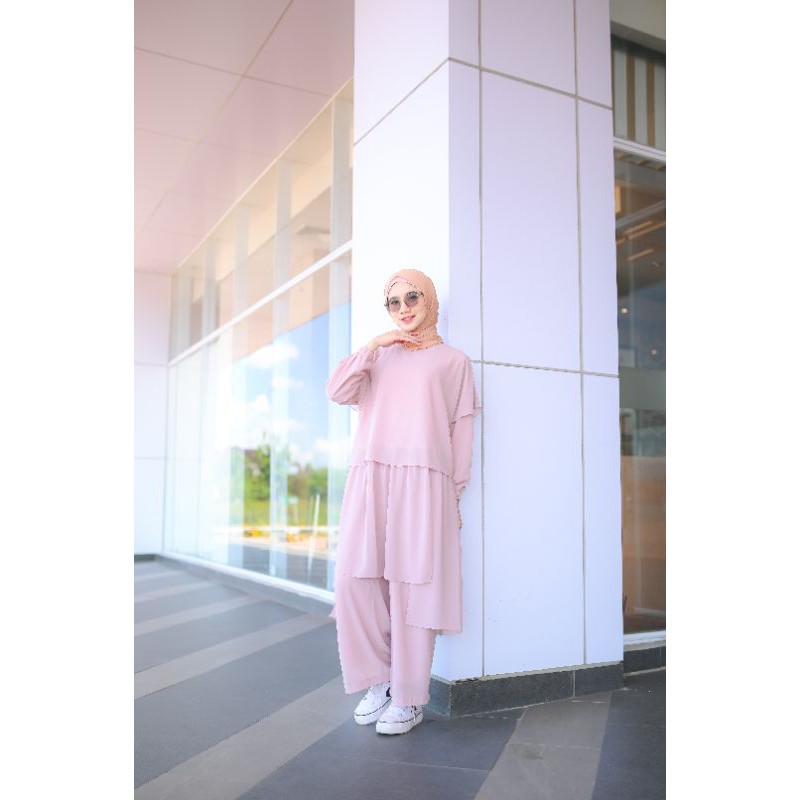 Setelan tunik wanita polos/one set/basic daily set/baju setelan long tunik/Qirani set